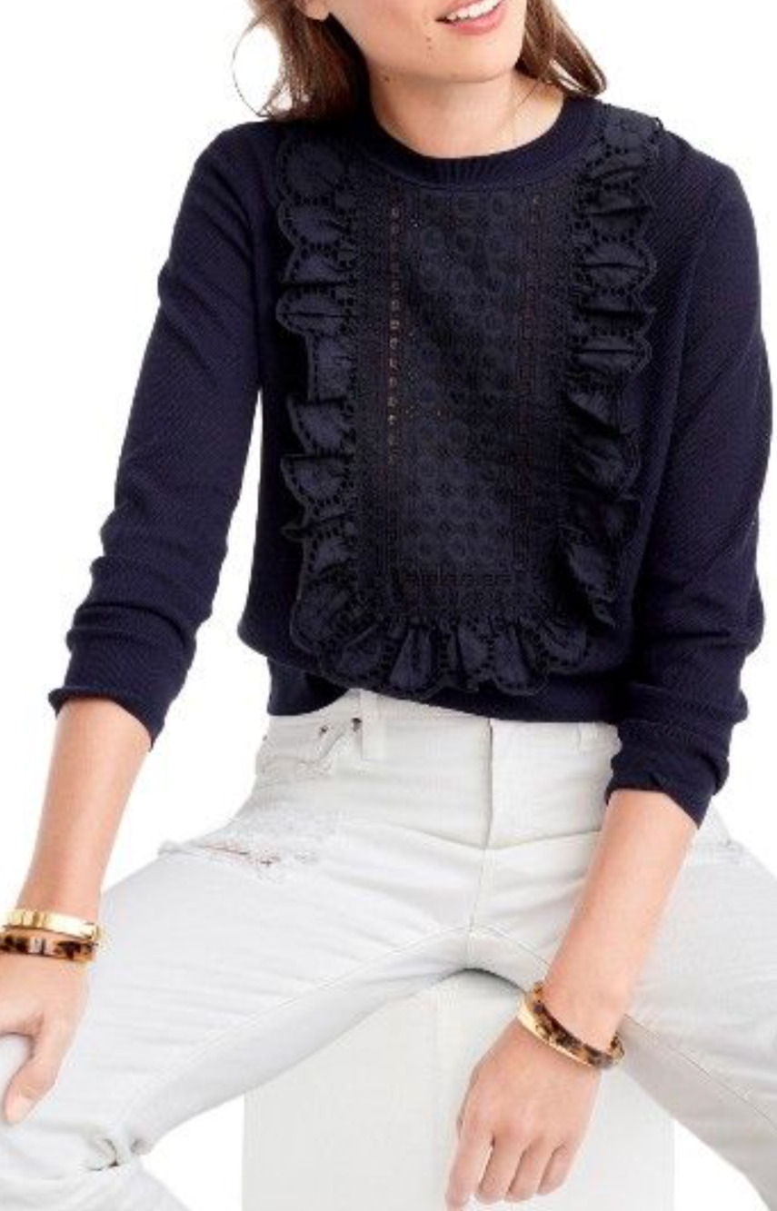 J. Crew Navy Cotton Eyelet Lace Tuxedo Bib Pullover Sweater NEW!